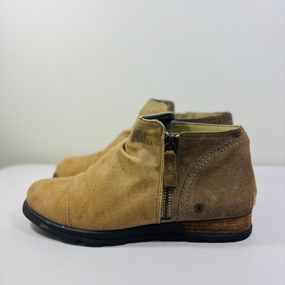 Sorel Major Low Ankle Boots Canvas Suede‎ Tan Side Zip Up Women's Size 10